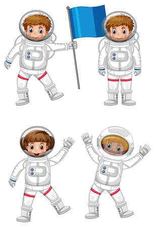 Four astronauts with blue flag illustrationのイラスト素材
