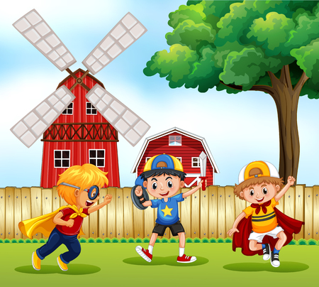 Three boys playing hero in the park illustrationのイラスト素材