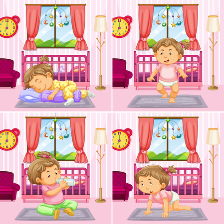 Four scenes of toddler girl in bedroom illustrationのイラスト素材