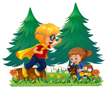Boy playing hero and girl playing with teddybear illustrationのイラスト素材