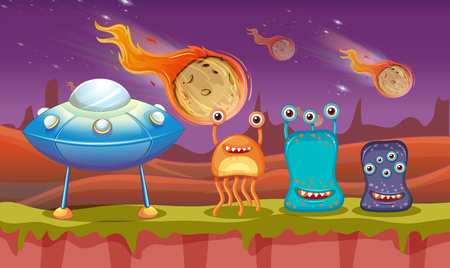 Three aliens and UFO on planet illustrationのイラスト素材