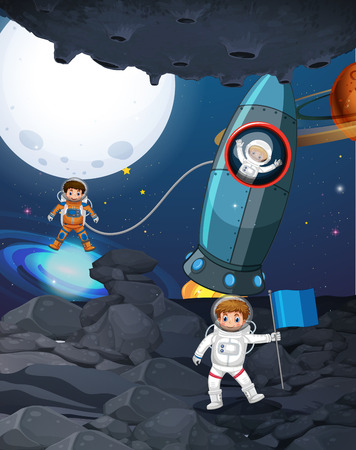 Three astronauts in dark space illustrationのイラスト素材