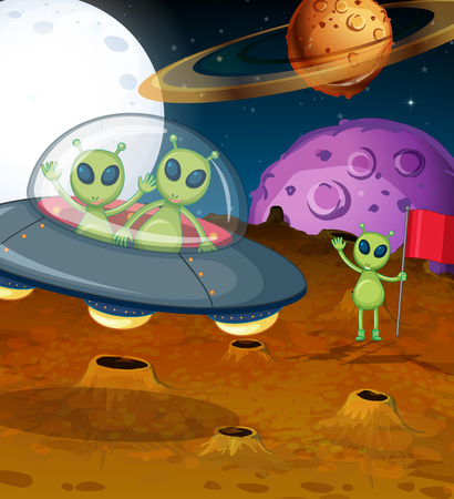 Space theme with aliens in UFO illustrationのイラスト素材