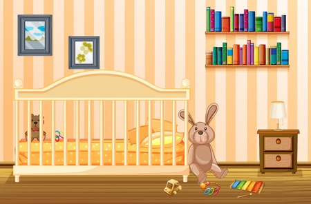 Bedroom scene with babycot and kid items illustrationのイラスト素材