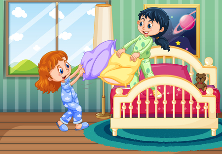 Two girls play pillow fighting in bedroom illustrationのイラスト素材