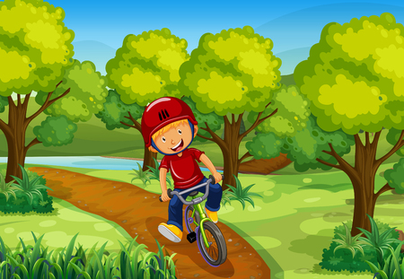 Little boy riding bike in the park illustrationのイラスト素材