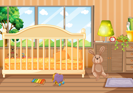 Bedroom scene with toys and babycot illustrationのイラスト素材