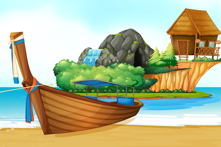 Background scene with wooden boat on the shore illustration.のイラスト素材