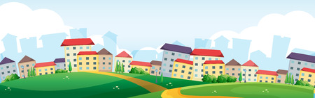 Background scene with village on the hills illustrationのイラスト素材