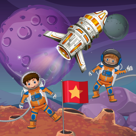 Two astronauts flying around planet surface illustration.のイラスト素材