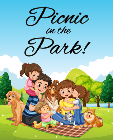 Poster design with family picnic in the park illustrationのイラスト素材