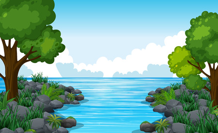 Nature scene of river with many trees illustration.のイラスト素材