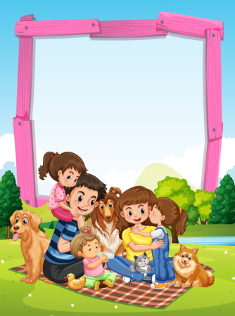Border template with family having picnic in park illustration.のイラスト素材