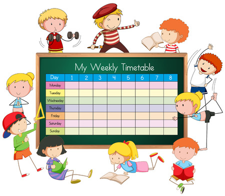Weekly timetable with boys and girls illustration.のイラスト素材