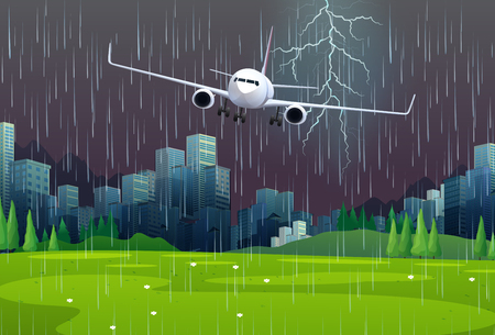 Airplane flying in the rain Vector illustration.のイラスト素材