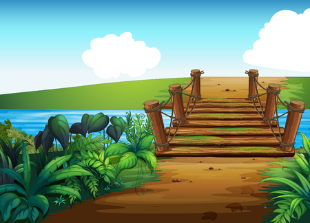 Background scene with bridge across the stream Vector illustration.のイラスト素材