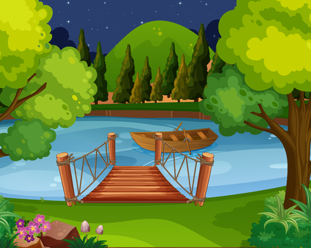 Background scene with boat floating on the river Vector illustration.のイラスト素材