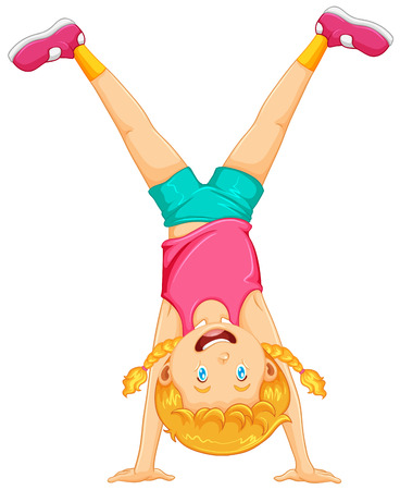 Little girl doing handstand on white background illustrationのイラスト素材