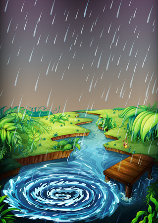 River scene with rain falling Vector illustration.のイラスト素材