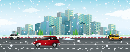 City scene with snow falling on the road Vector illustration.のイラスト素材