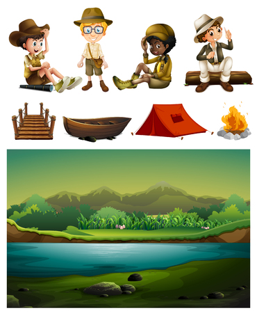Camping site and many children Vector illustration.のイラスト素材