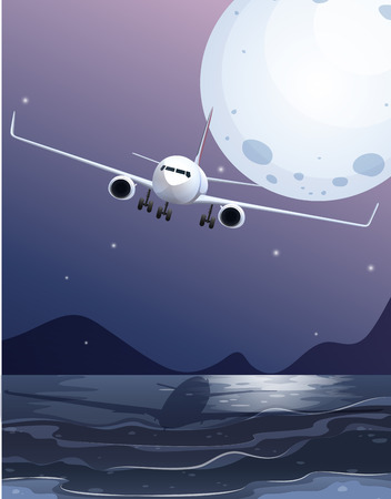 An Airplane Flying Over the Sea on Full Moon illustrationのイラスト素材