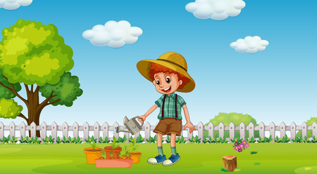 A Boy Watering Plants at Garden illustrationのイラスト素材