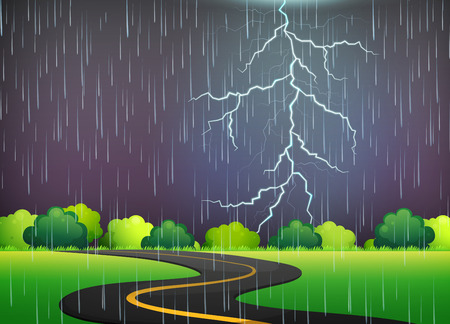 Road Trip Under Thunderstorm Night illustrationのイラスト素材