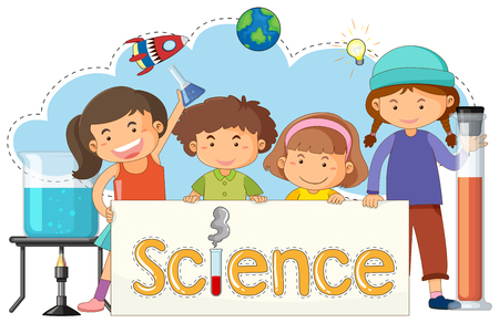 Cute Kids with Science Banner  illustrationのイラスト素材