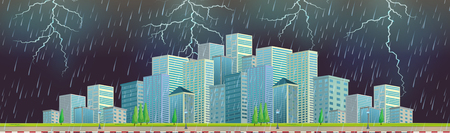 Roadside with Modern Cityscape Thunderstorm illustrationのイラスト素材