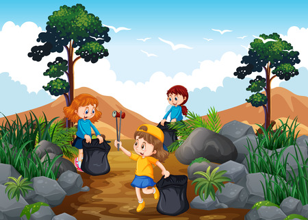 Children Cleaning a Trekking Trail illustrationのイラスト素材