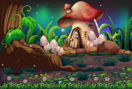 A Dark Forest and Mushroom House illustrationのイラスト素材