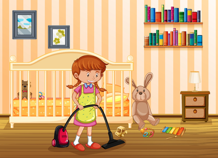 A Mother Cleaning Kid Bedroom illustrationのイラスト素材