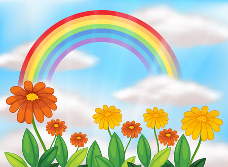 Flower Garden and Beautiful Rainbow illustrationのイラスト素材