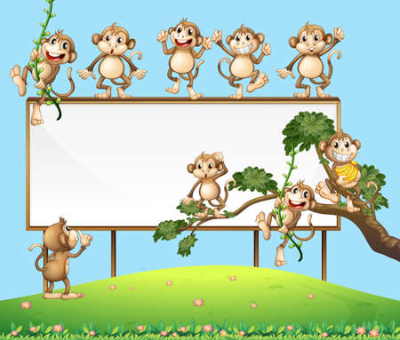 A Blank Sign Board with Playful Monkey illustrationのイラスト素材