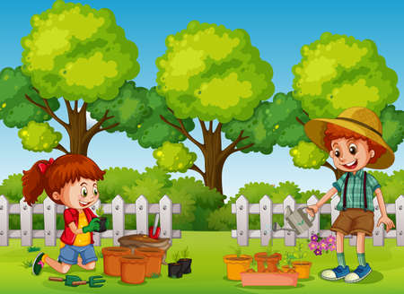 Happy Children Gardening in the Park illustrationのイラスト素材
