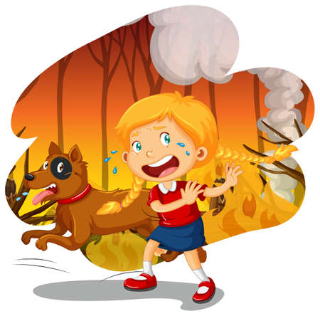 A Girl and Dog in Wildfire Forest illustrationのイラスト素材