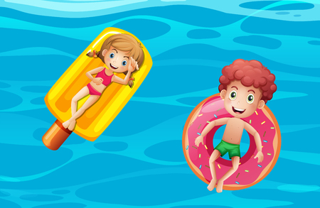 Children on pool floats illustrationのイラスト素材