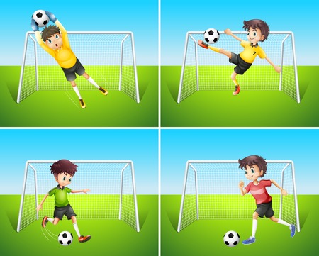 A set of football player and goal illustrationのイラスト素材