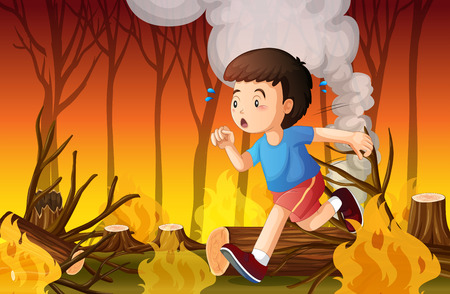 A boy run from wildfire illustrationのイラスト素材