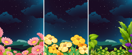 A set of flower in nature at night illustrationのイラスト素材