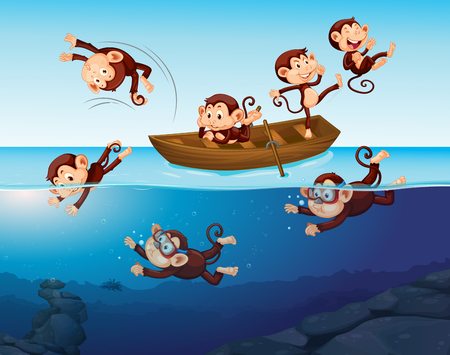 Monkey having fun in the sea illustrationのイラスト素材