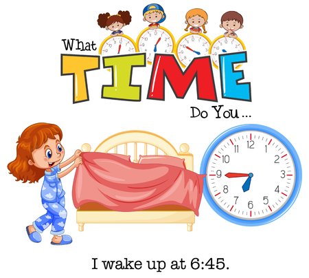 A girl wake up at 6:45 illustrationのイラスト素材