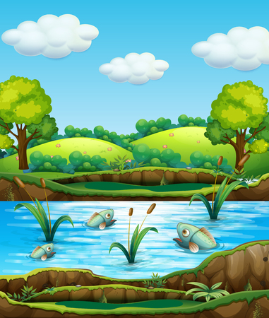 Fish in nature pond illustrationのイラスト素材