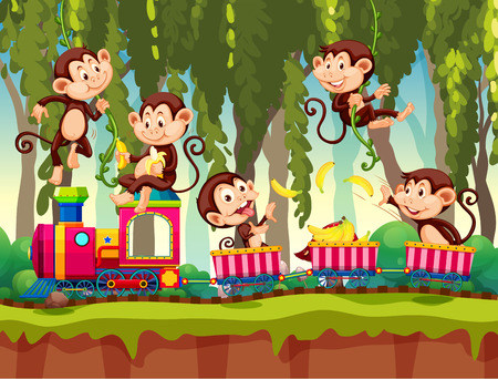 Monkey on train in the jungle illustrationのイラスト素材