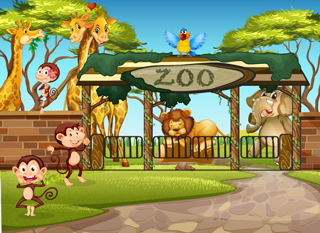 Wild animals in the zoo illustrationのイラスト素材