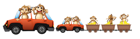 Monkey family on the car illustrationのイラスト素材