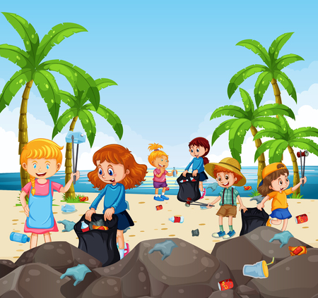 Volunteer children collecting trash at the beach illustrationのイラスト素材