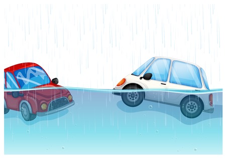 Cars floating on the flood illustrationのイラスト素材