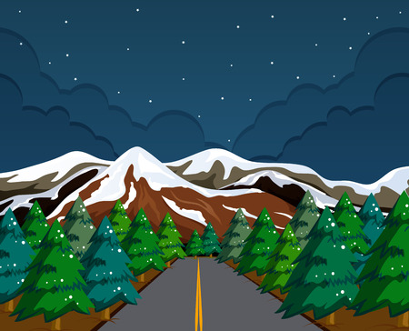 Snow mountain landscape at night illustrationのイラスト素材